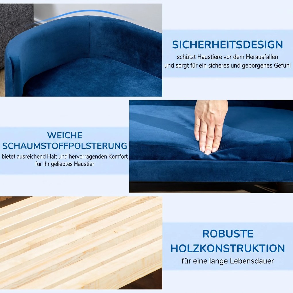 PawHut Sofa dla psa legowisko z weluru holenderskiego z oparciem, drewniane nóżki, poduszka Niebieski | Aosom PL