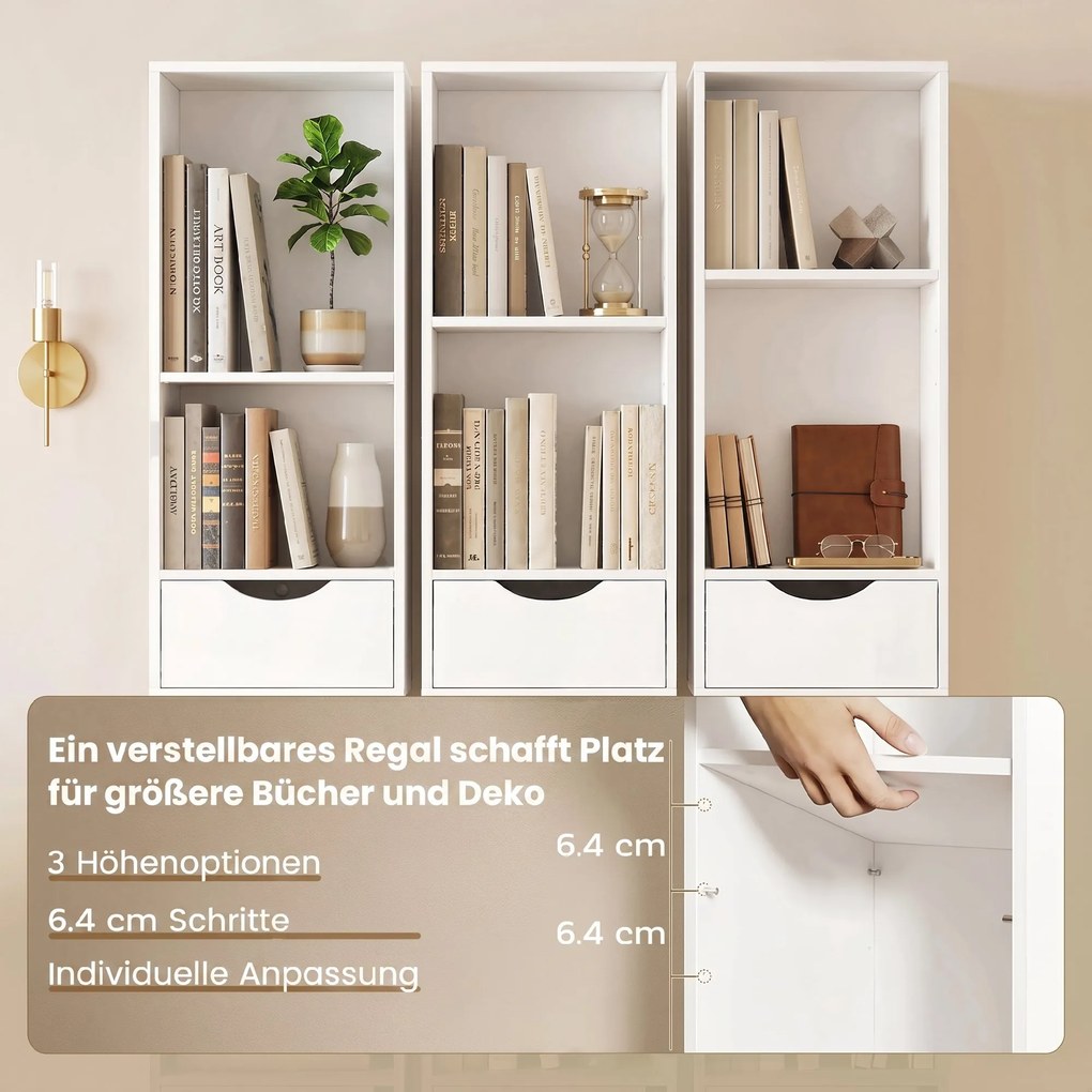 HOMCOM Regał na książki z 2 szufladami, wąska szafka z 3 otwartymi półkami, do biura, sypialni 30x24x158cm Biały | Aosom PL