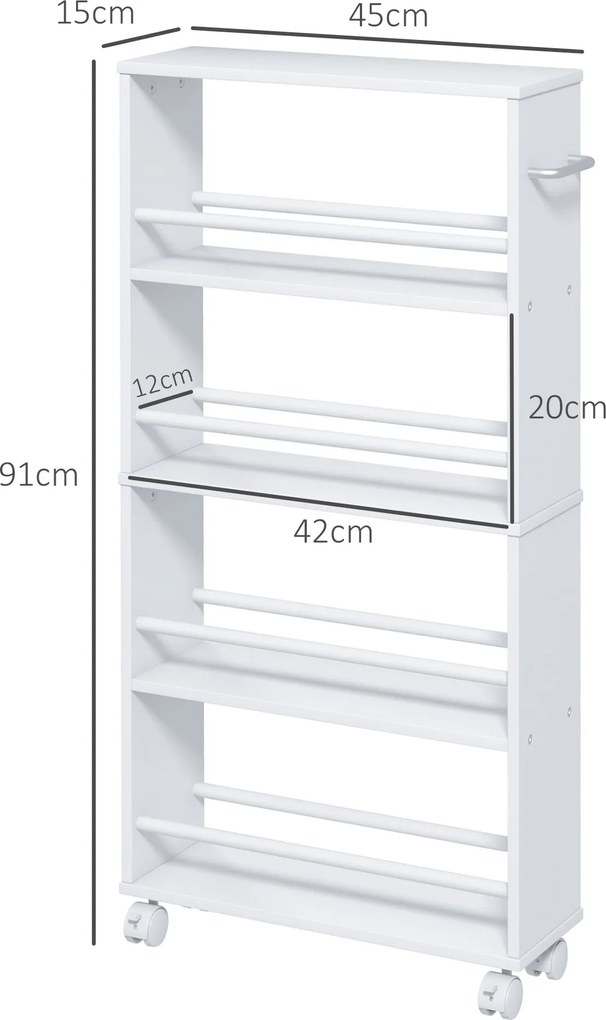HOMCOM Regał wielofunkcyjny na kółkach, wąski, 4 półki, 45x15x91 cm, Biały