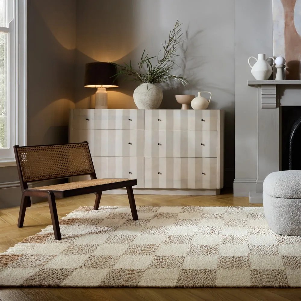 Kremowo-naturalny dywan z mieszanki wełny tkany ręcznie 160x230 cm Eric Checkboard – Flair Rugs