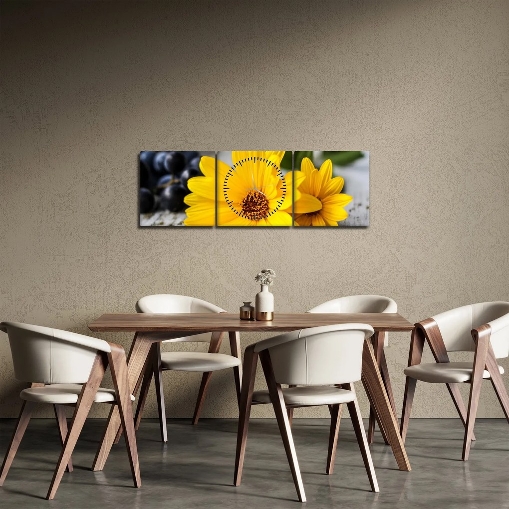 Obraz żółtego kwiatu (z zegarem) (90x30 cm)