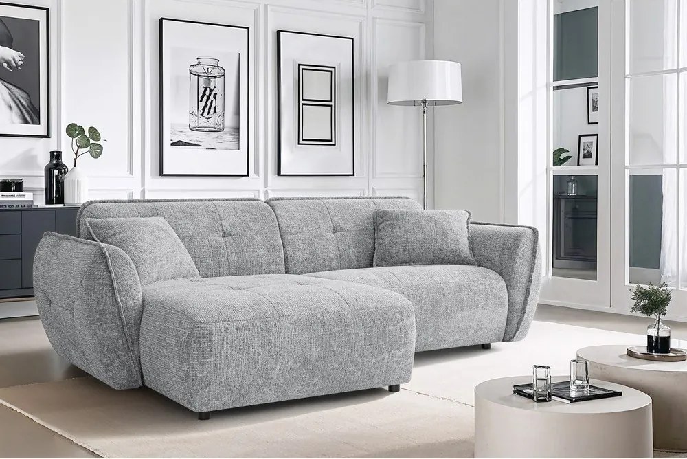 Jasnoszary narożnik z tkaniny szenilowej (lewostronny/z szezlongiem) Nelia – Ropez