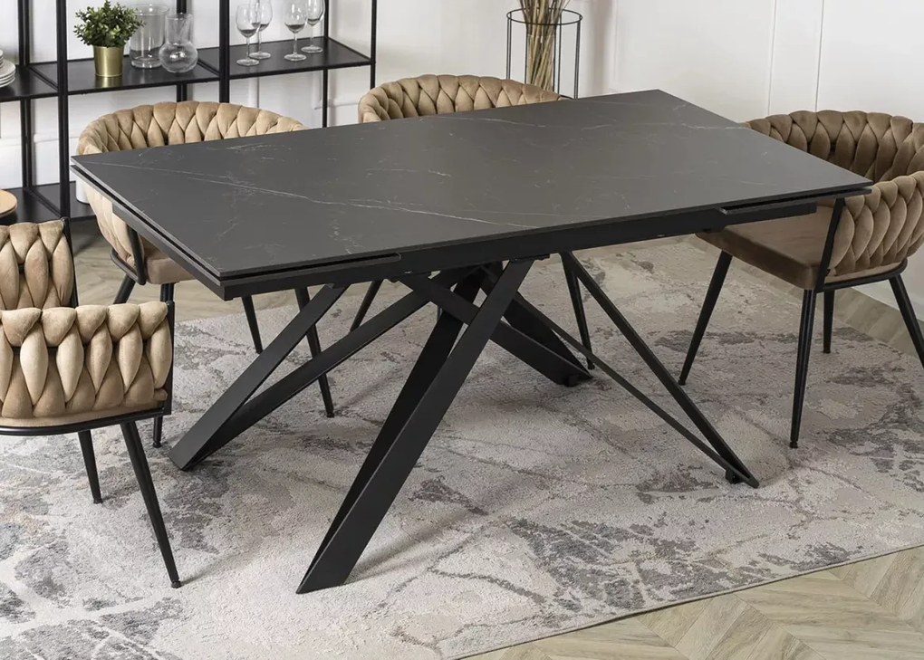 Prostokątny stół rozkładany Meru 160-240 cm z czarnym ceramicznym blatem i metalowymi nogami do salonu
