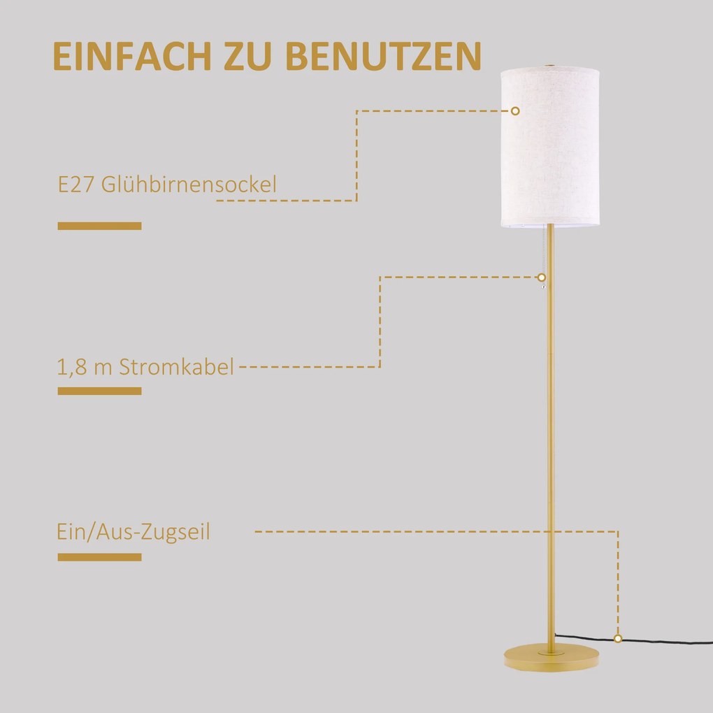 HOMCOM Lampa Stojąca, Elegancka Lampa Podłogowa ze Stali z Abażurem z Tkaniny, Lampa do Salonu, Przełącznik na Łańcuszku, Złoto+Biały