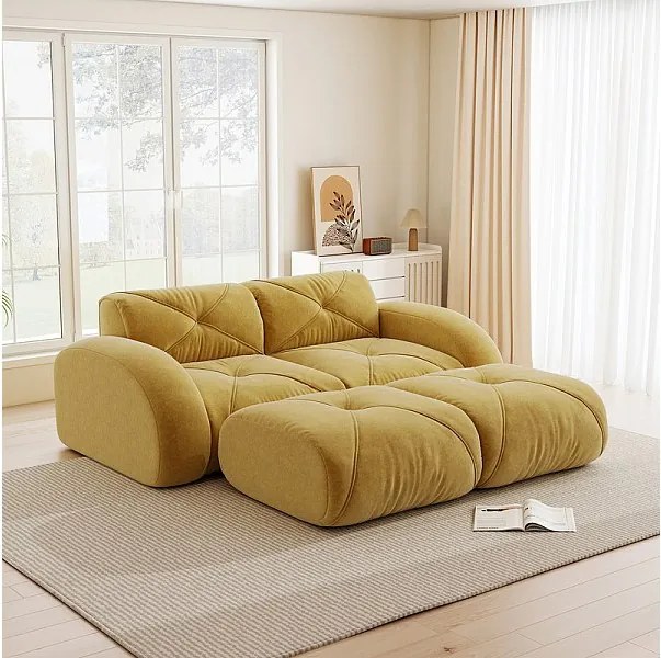 Canapé d'angle modulable en tissu chenille, 2 places, avec 2 pouf, 204x171x76cm, Jaune