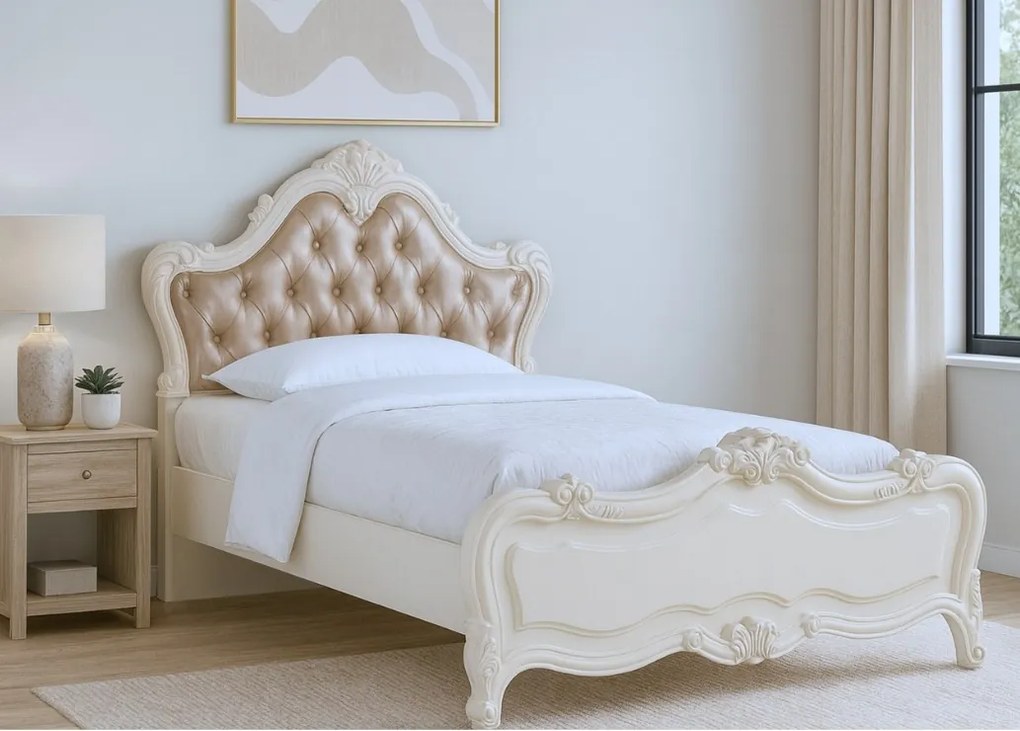 Łóżko z zagłówkiem w kształcie korony 120x200 cm Charme. Łóżko francuskie, zagłówek z kryształkami, rzeźbiony zanóżek, dekory w kształcie róży. Kolekcja La Perle.