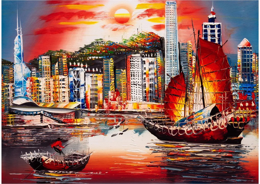 Obraz na szkle - Victoria Harbor, Hong Kong, obraz olejny (70x50 cm)