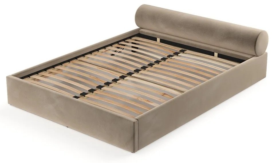 Jasnobrązowe tapicerowane łóżko dwuosobowe ze schowkiem ze stelażem 200x200 cm Solvo – Maison de Rêve