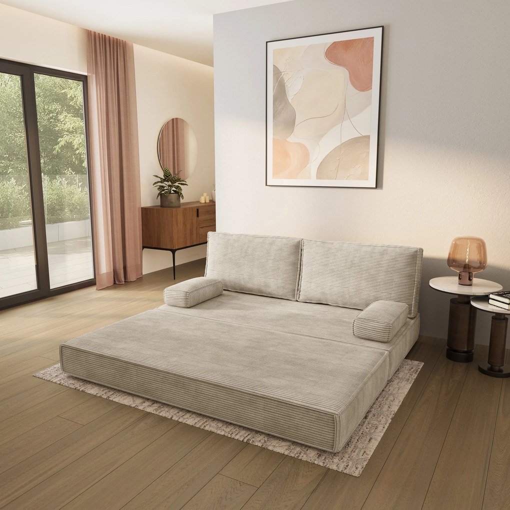 Masseno Sofa piankowa SILAR z funkcją spania, Kanapa z pianki do salonu, Bezmontażowa, Tkanina sztruksowa – Kremowy POSO 100