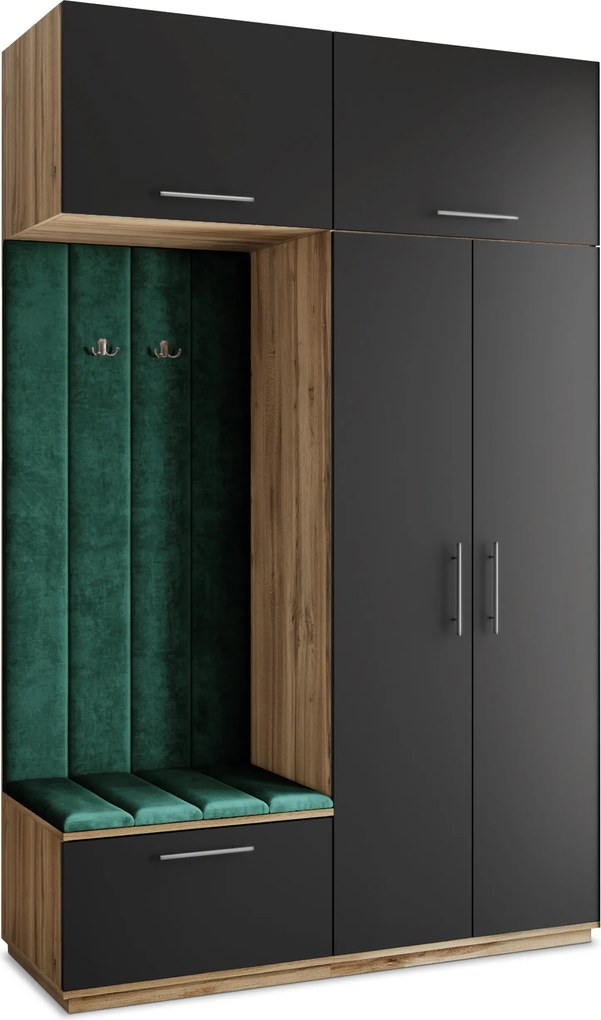 Masseno Garderoba REMA 150/240/60 cm Nowoczesna Szafa do Przedpokoju Dąb wotan, MONOLITH 37 (Butelkowa zieleń)