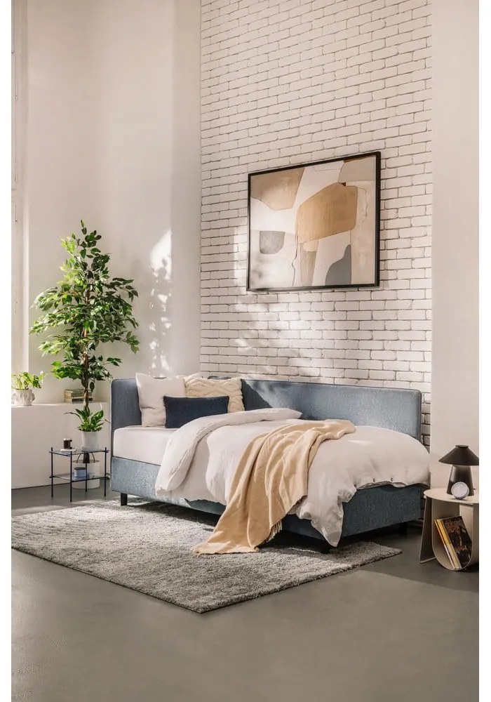 Niebieskie tapicerowane łóżko jednoosobowe ze schowkiem i materacem 90x200 cm Avela – Bonami Selection