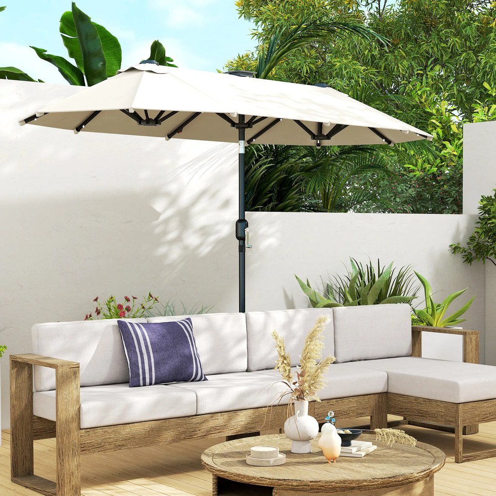 Outsunny Podwójny parasol, parasol tarasowy, nachylny, z panelem słonecznym, 35 diod LED, stal, beżowy, 2,95 x 1,50 x 2,19 m