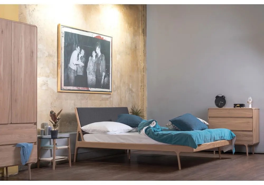 Szare/naturalne łóżko dwuosobowe z litego drewna dębowego 140x200 cm Fawn – Gazzda