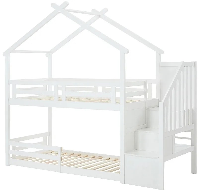 Łóżko piętrowe domek 90 x 190 cm - Sosna i MDF + Materac - Biały - TALETY