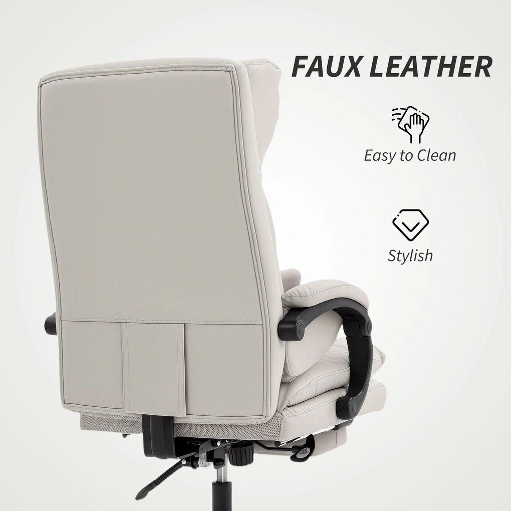 HOMCOM Fotel biurowy regulowany wysokościowo krzesło do biurka z podparciem lędźwiowym, podłokietnikami, podpórką na stopy, z ekoskóry, jasnoszary