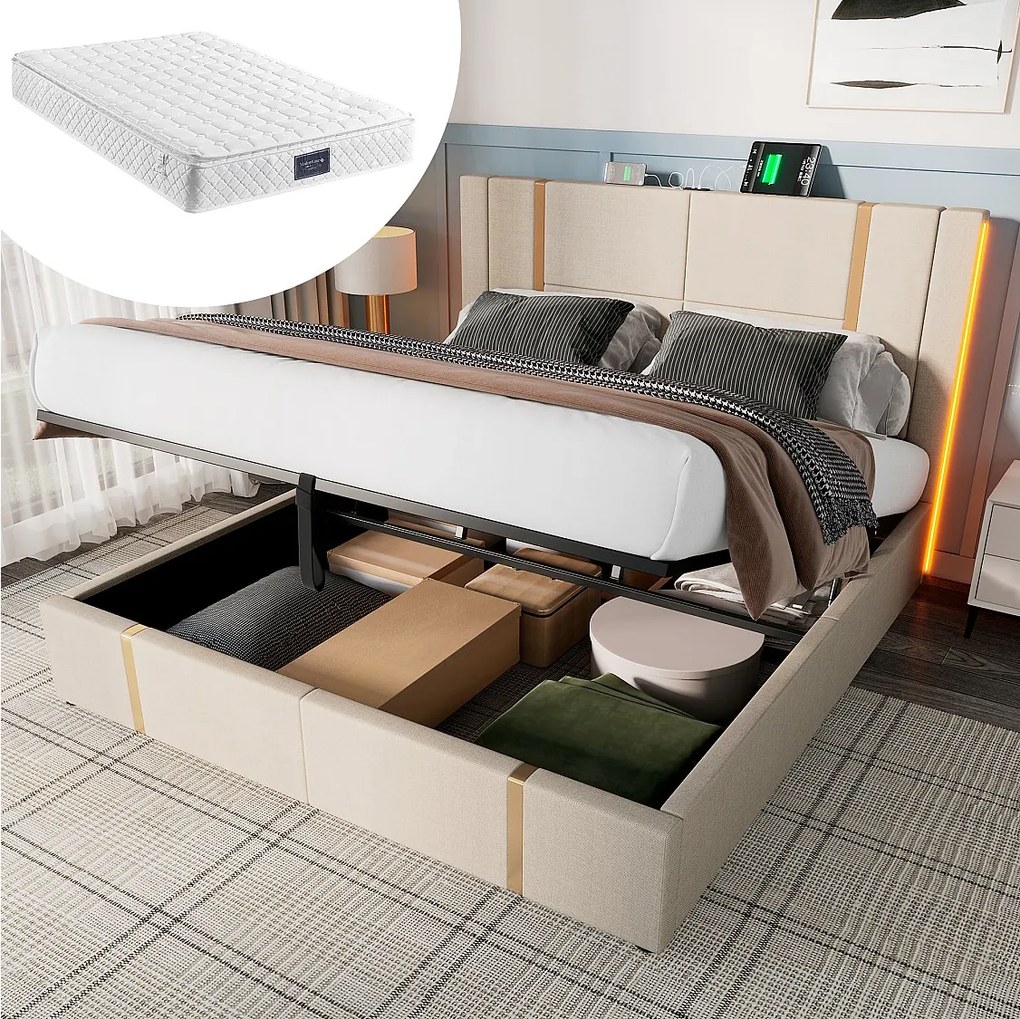 Łóżko tapicerowane dwuosobowe ze schowkiem - 140 x 200 cm - Materac + Leds + Zagłówek z USB - Tkanina lniana - Beżowy