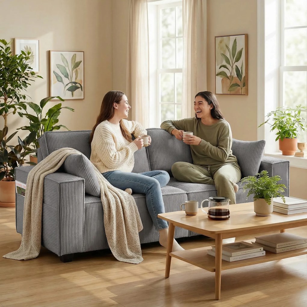 HOMCOM 218 cm 3-osobowa sofa, nowoczesna sofa w stylu sztruksowym z sprężynami kieszeniowymi, szerokimi podłokietnikami i 2 poduszkami, jasnoszara | Aosom PL