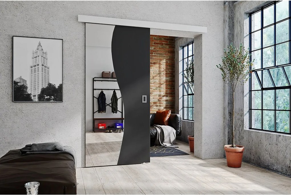 Emporius drzwi przesuwne 90 cm Kaja - drzwi naścienne z lustrem do salonu, garderoby - Grafit