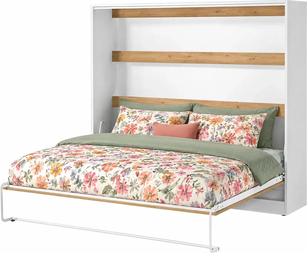 Poziomy rozkładany tapczan biały + dąb 160x200 H5-W19
