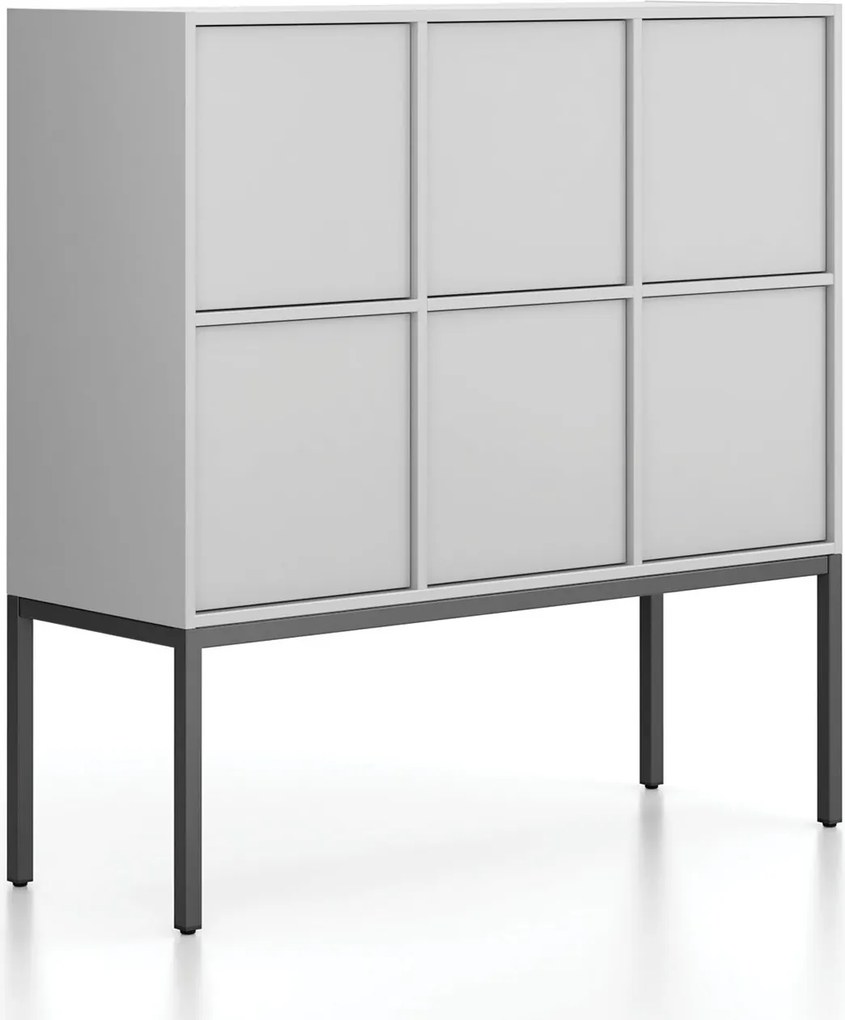 Szafa biurowa FRAME, niska, podstawa biała, 6x drzwi, 1299 x 450 x 1331 mm, PUSH-lock, szary