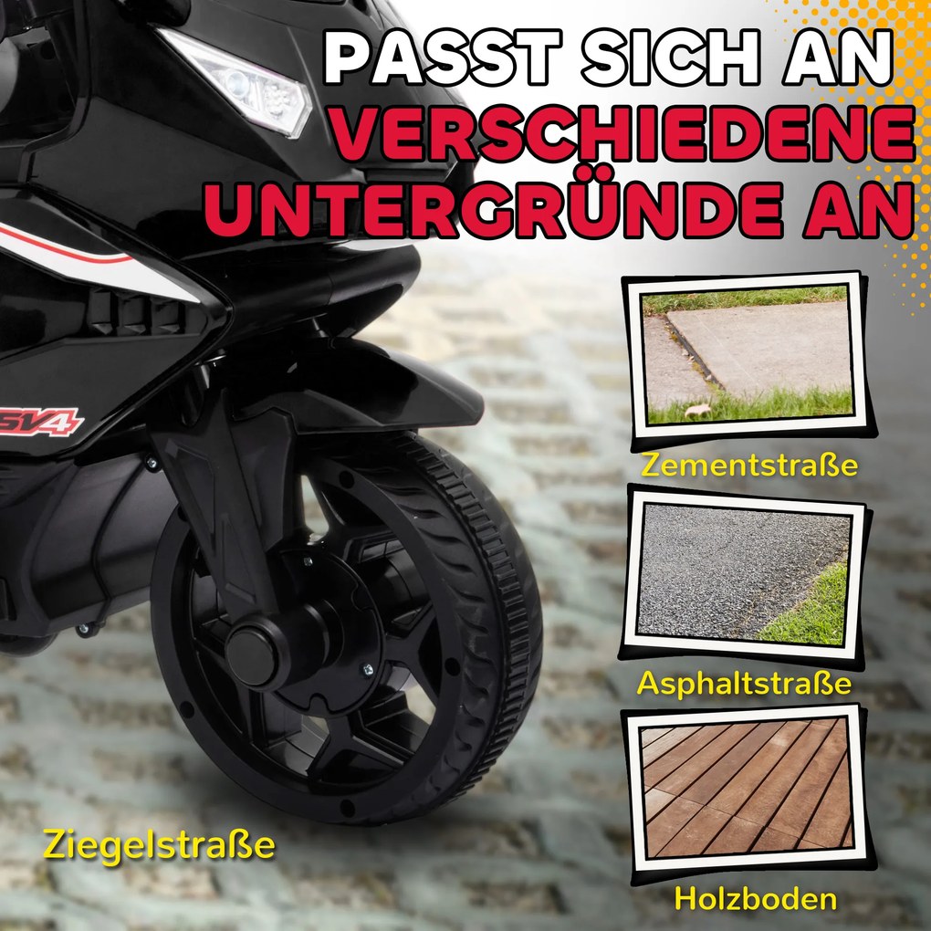 AIYAPLAY elektryczny motocykl dla dzieci, klakson, reflektory, funkcja muzyczna, 2,5 km/h, czarny