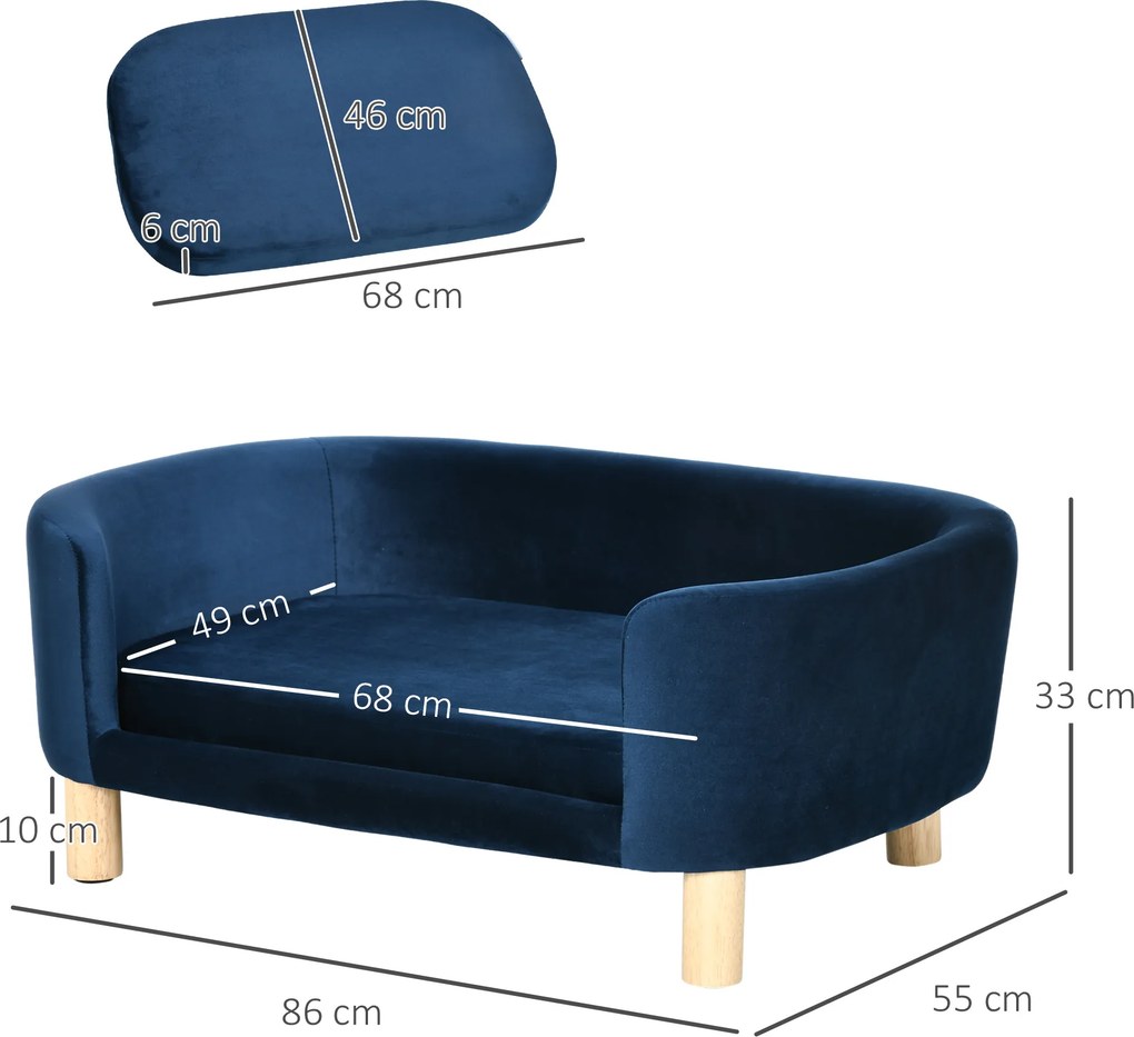 PawHut Sofa dla psa legowisko z weluru holenderskiego z oparciem, drewniane nóżki, poduszka Niebieski | Aosom PL