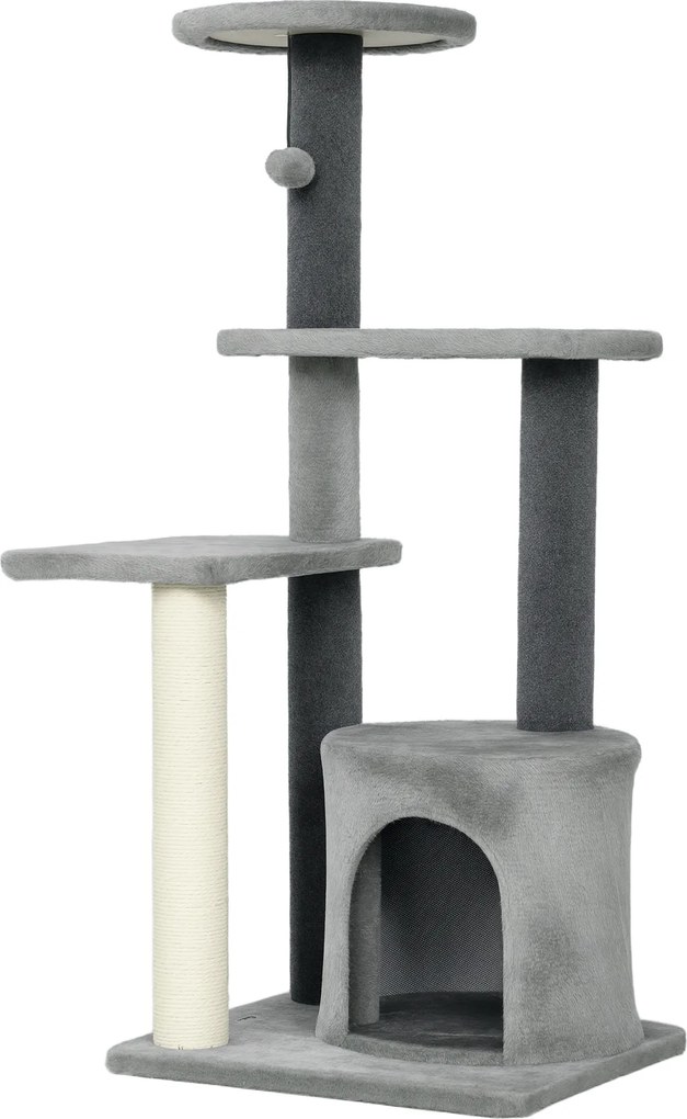 PawHut Drapak 103 cm z domkiem dla kota, platformami, słupkami owiniętymi sizalem, pluszową zawieszką, szary | Aosom PL