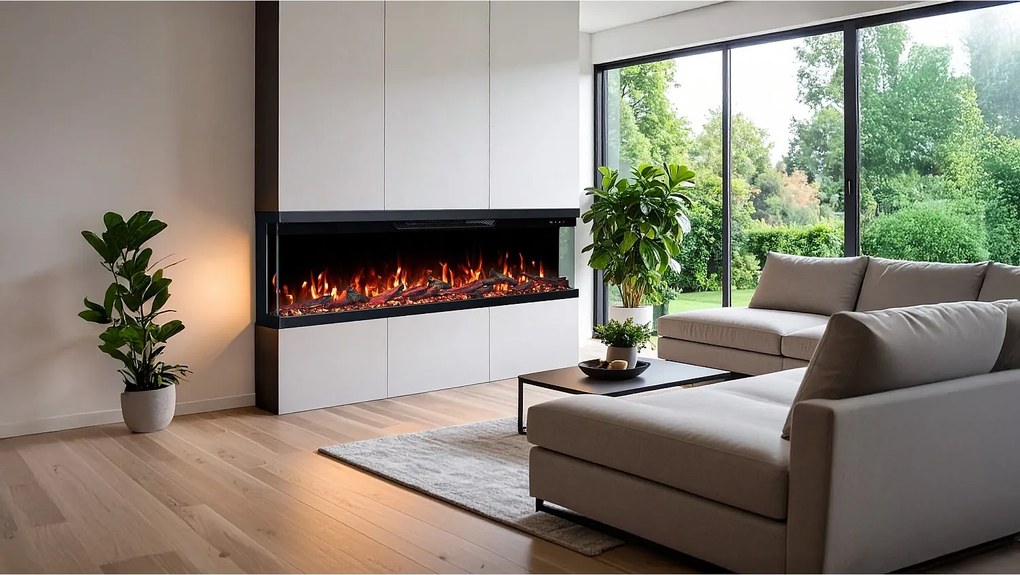 Trójstronny kominek elektryczny UNITY 127 - ogień premium, na ścianę i do zabudowy - 127x19x36 cm - kominek LED z grzaniem 900/1800W