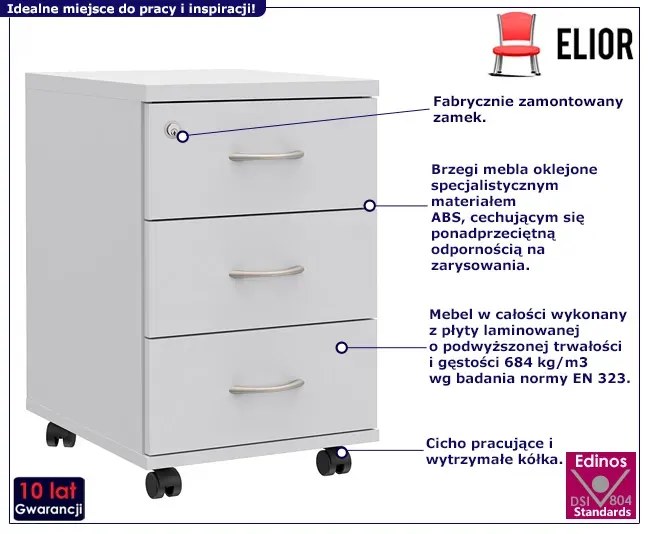 Biały kontenerek biurowy z szufladami i kluczykiem - Inos