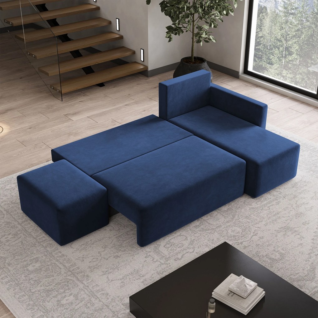 Masseno Narożnik VELOTTI z funkcją spania i pojemnikiem na pościel Narozniki L, Rozkładana sofa - Niebieski, KRONOS 09