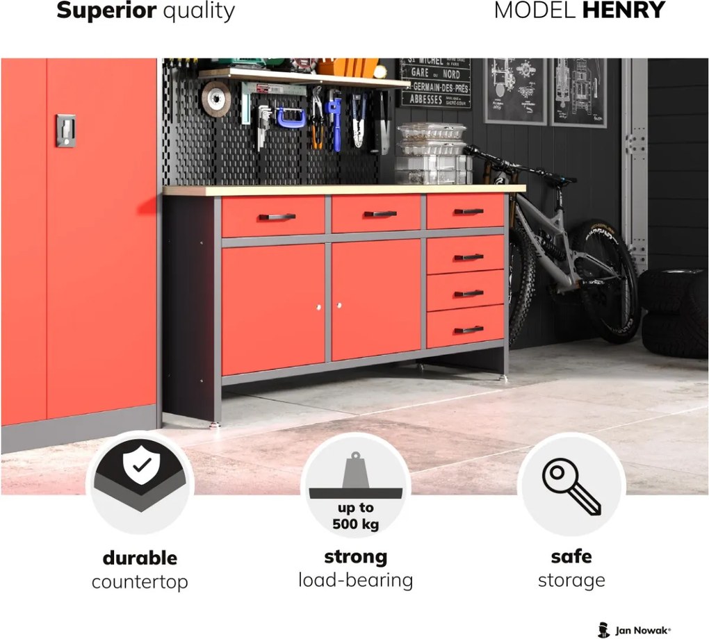 Duży stół warsztatowy z szafkami i szufladami Henry czarny