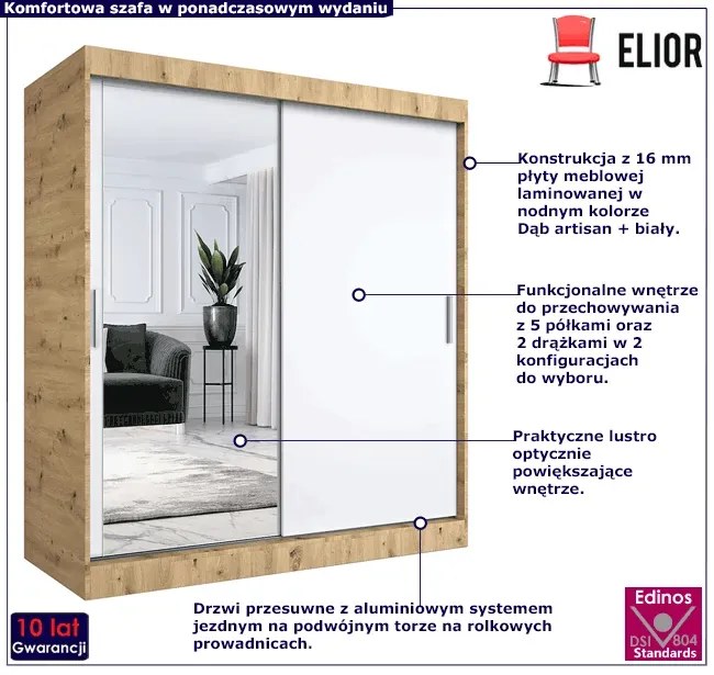 Szafa przesuwna dąb artisan + biały 180 cm - Seko 5X