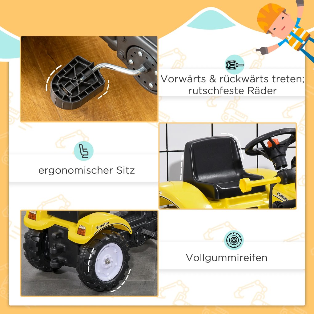HOMCOM Traktor na pedały dla dzieci Ładowarka kołowa z łopatą Żółty i czarny 114x41x52cm | Aosom PL