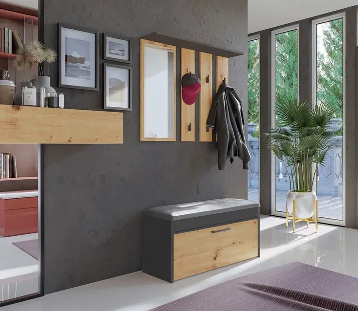 Wieszak ścienny z półką i lustrem antracyt + dąb artisan F8-A70