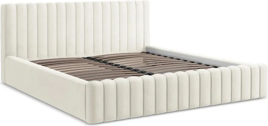 Kremowe tapicerowane łóżko dwuosobowe ze schowkiem i stelażem 180x200 cm Lemi – Makamii