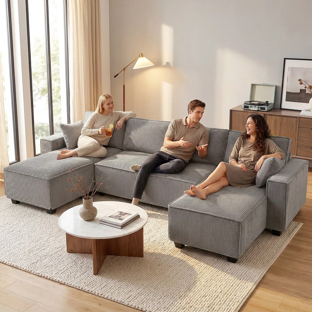 HOMCOM Narożnik z podwójnymi szezlongami, sofa w kształcie litery U z sztruksu, szerokie i głębokie siedzisko, sprężyny kieszeniowe, Jasnoszary | Aosom PL