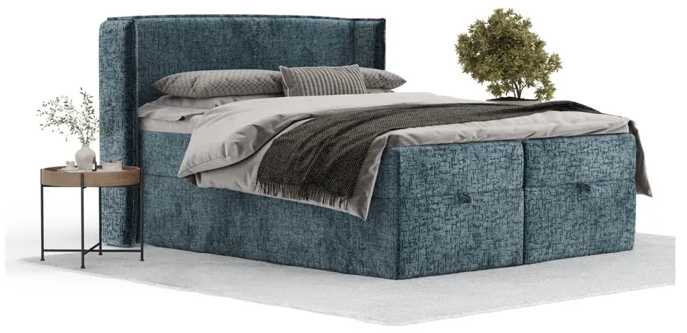 Niebieskie łóżko boxspring ze schowkiem 160x200 cm Passion – Maison de Rêve