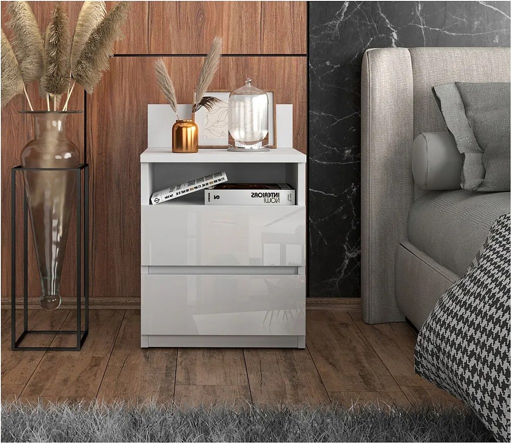 Duża Szafka Nocna BIała Połysk 40 CM 2 Szuflady 1 Półka Stolik Nakastlik 40x32x59 CM