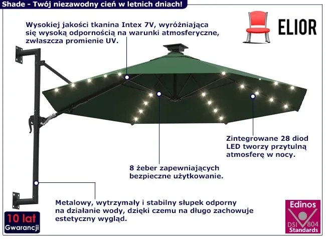 Zielony parasol ogrodowy z oświetleniem LED Ukolo