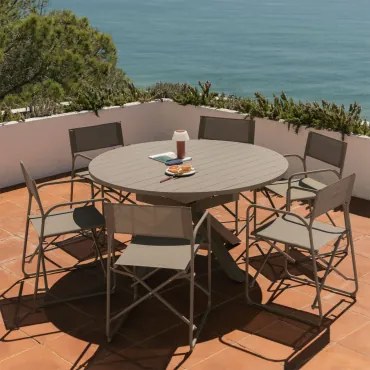 Zestaw Stołu 145-200x145 Cm Rozkładany Z Aluminium Barces Oraz 6 Składanych Krzeseł Ogrodowych Melida Z Stali Moka Brown - Sklum