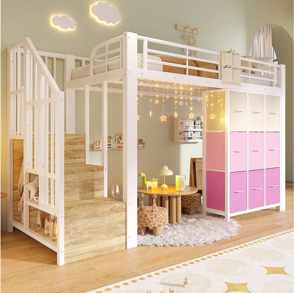 Łóżko piętrowe metalowe - 90 x 200 cm - z komodą 9-szufladową + szafą + schodami z miejscem do przechowywania - białe