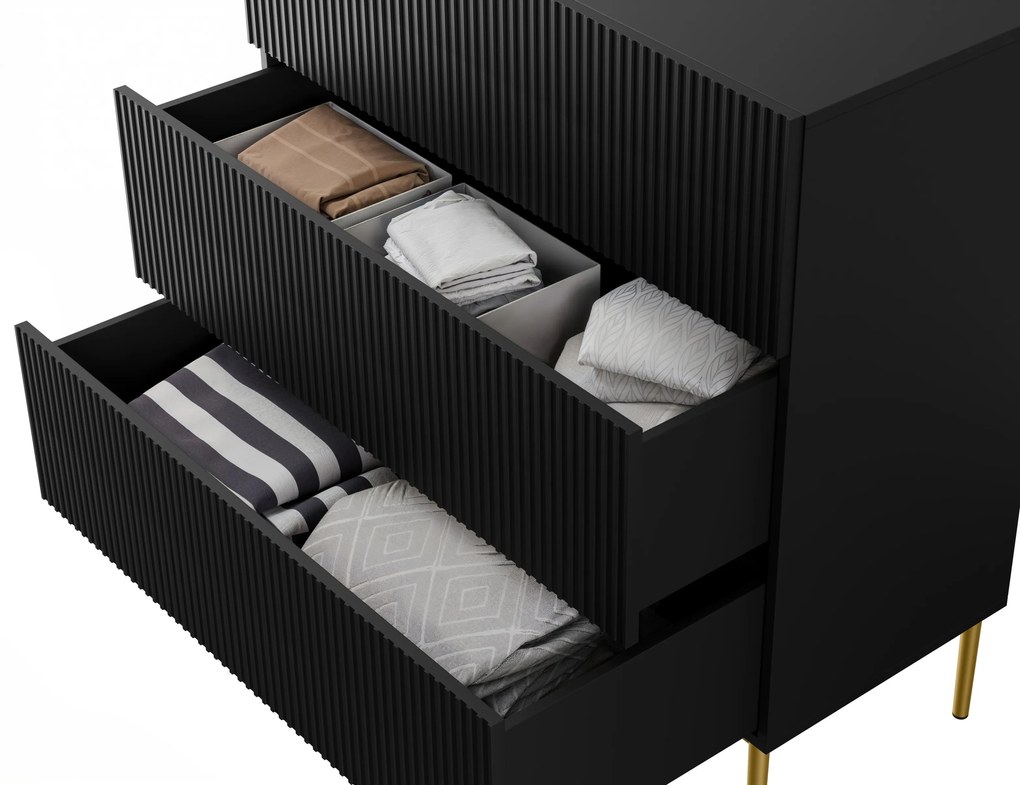 Komoda Nicole 100 cm z szufladami z ryflowanym frontem - czarny mat / złote nóżki