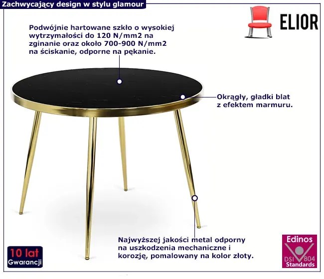 Szklany okrągły stół w stylu glamour czarny marmur + złoty M6-F56