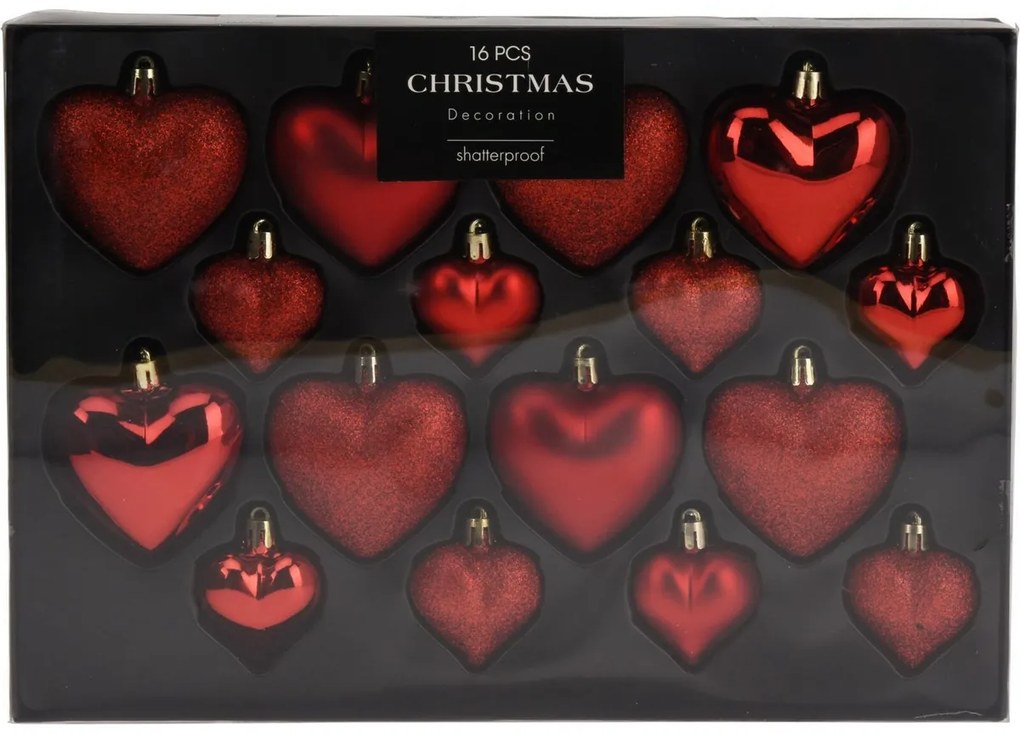 Zestaw ozdób świątecznych Heart czerwony, 16 szt.