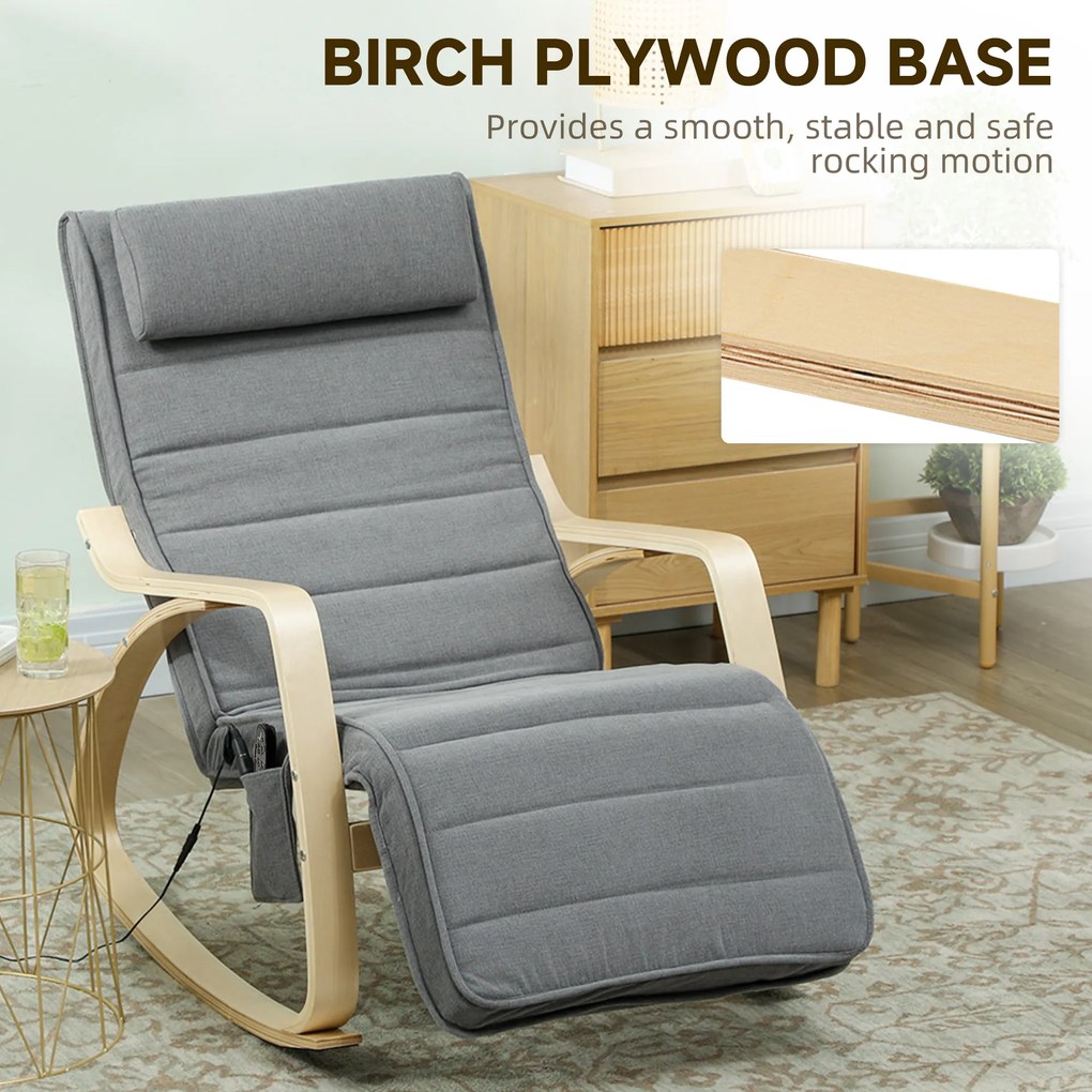 HOMCOM Fotel bujany z funkcją masażu, ogrzewaniem lędźwiowym, 3 tryby, materiałowa tapicerka, Szary