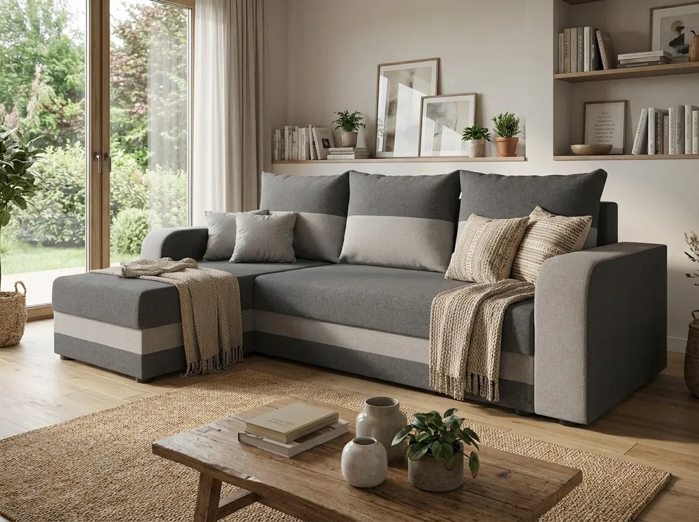 Rozkładany dwustronny zestaw wypoczynkowy w kształcie litery L VALERIO 238x140 cm, ciemnoszary/jasnoszary + 2 poduszki GRATIS