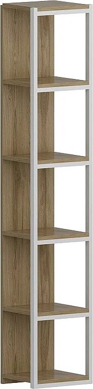 Nowoczesny regał na książki w kolorze dębu i bieli, szer. 13" x wys. 71" x gł. 11" | 100% powłoka melaminowa, metalowa rama, możliwość monta