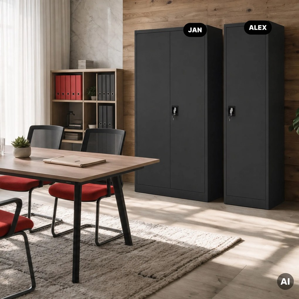 Szafa biurowa metalowa na akta, wąska, czarna, 450x1850x400 mm: ALEX