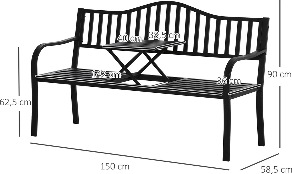 Outsunny Ławka Ogrodowa z Rozkładanym Stołem Metalowa Czarna Elegancka i Funkcjonalna 150x585x90cm | Aosom PL