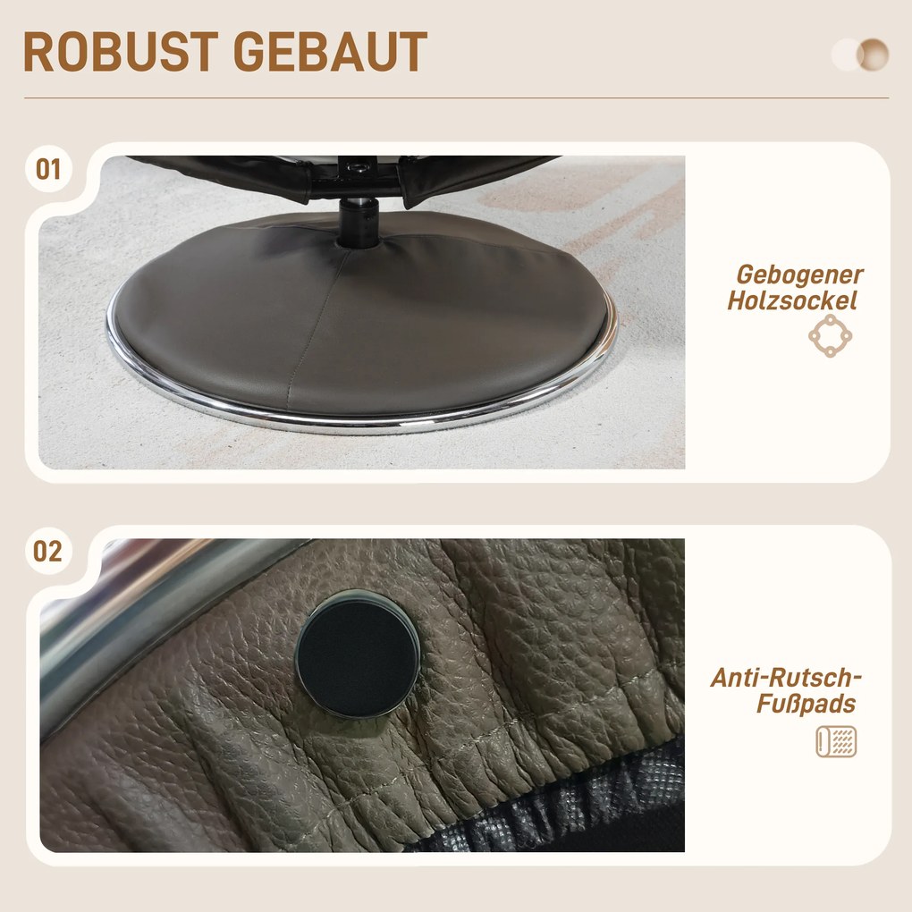 HOMCOM Fotel Relaksacyjny z Podnóżkiem, Regulowane Oparcie, Skóra Ekologiczna, do 150 kg, Szary